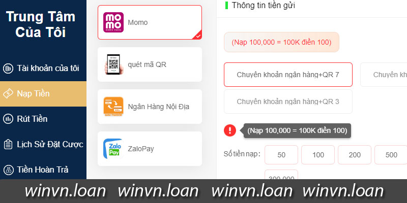 Giao diện nạp tiền Winvn